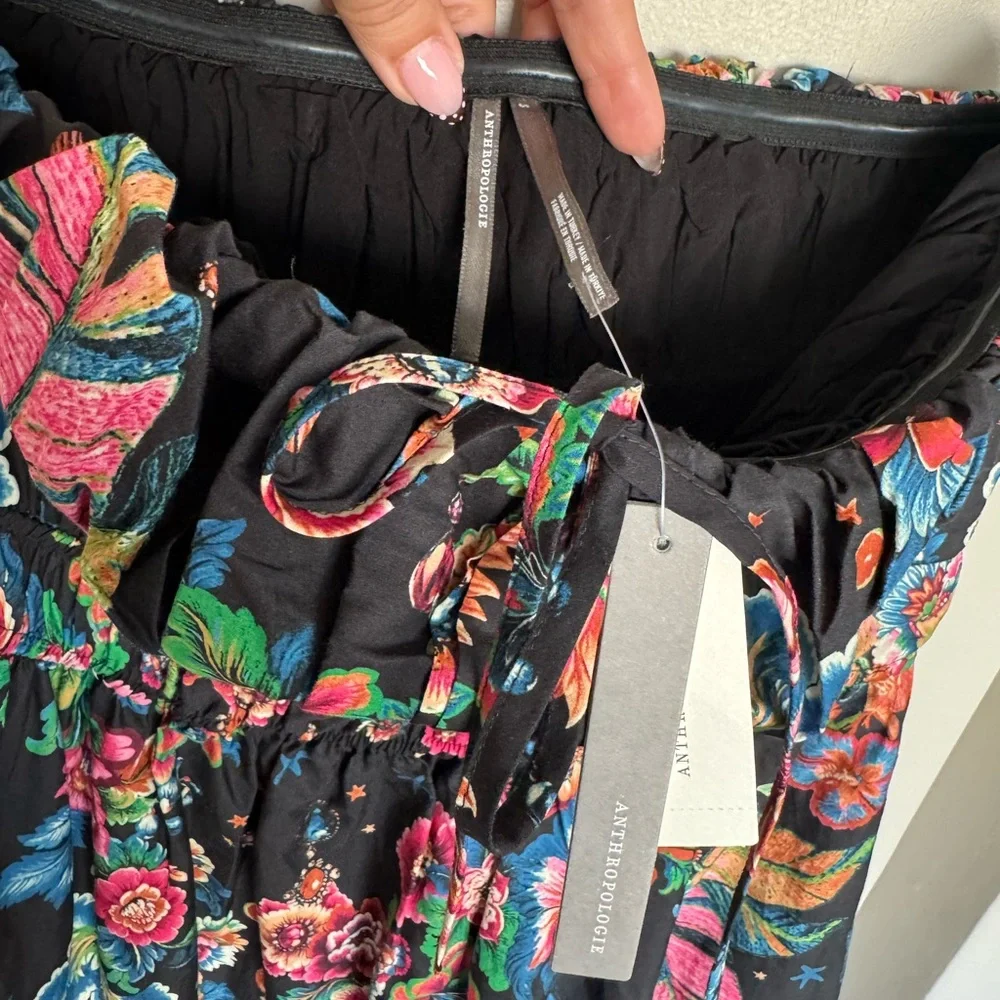 Anthropologie Black Strapless Maxi Dress with Pink, Purple & Yellow Floral Print - Picture 9 of 11